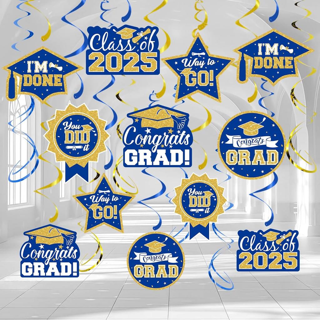 2025 Graduation Party Decorations - 30 Pcs Blue Gold Class of 2025 Congrats Grad Hanging Swirl Ceiling Decor for Home School Classroom Graduation