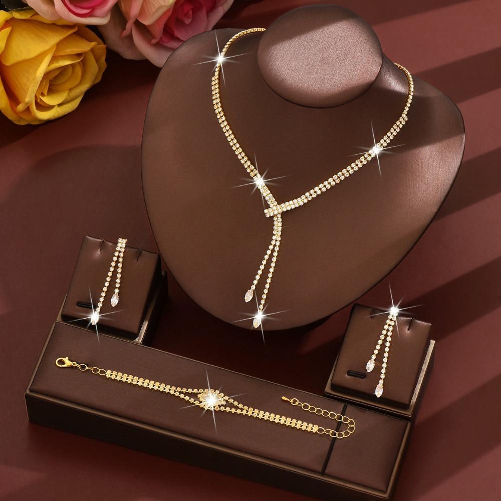 Jewelry Full Diamond Zircon Necklace Earrings Bracelet Ring Set Chain Wedding Dress Jewelry