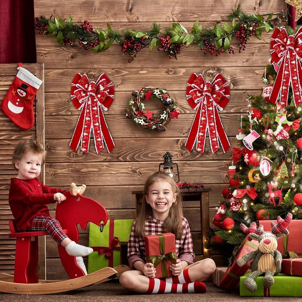 1pc Wired Red Christmas Bow with Snowflake Christmas Decoration for Tree Topper and Front Door, Gift Wrapping Accessories