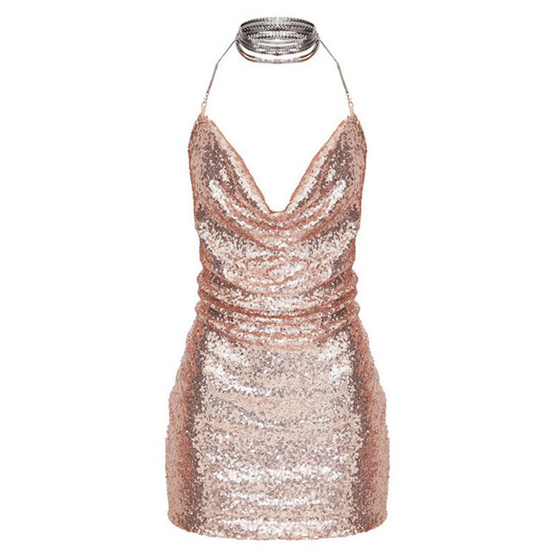 Spring Summer Bright Silk Short Women  Solid Hanging Neck Backless Sheath Hip Dress