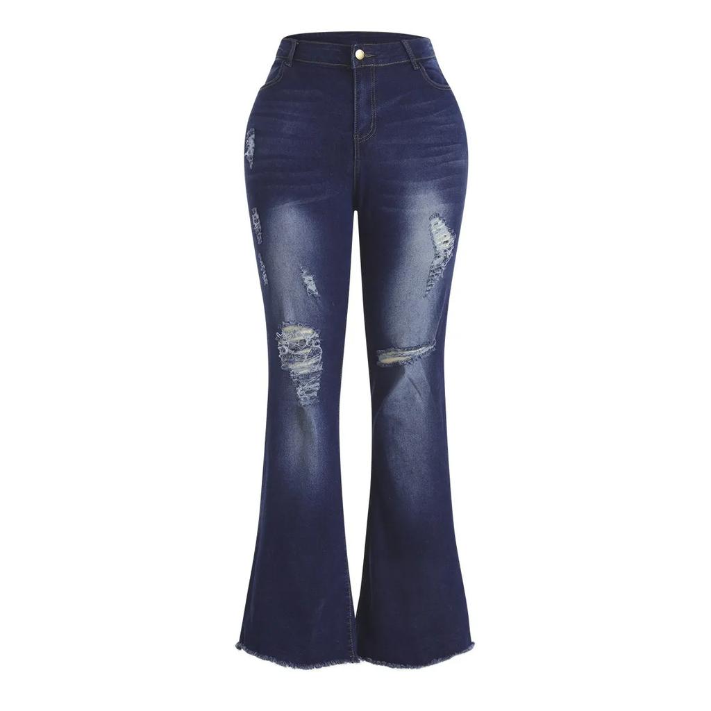 Plus Size High Stretchy Ripped Flared Jeans Zipper Fly Floor Length Casual Solid Color Daily Fashion Street Pants