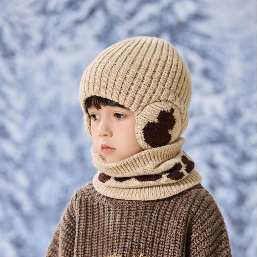 Ensemble Bonnet Chaud en Laine pour Enfants et Écharpe de Cou avec Protection des Oreilles pour l'Automne et l'Hiver