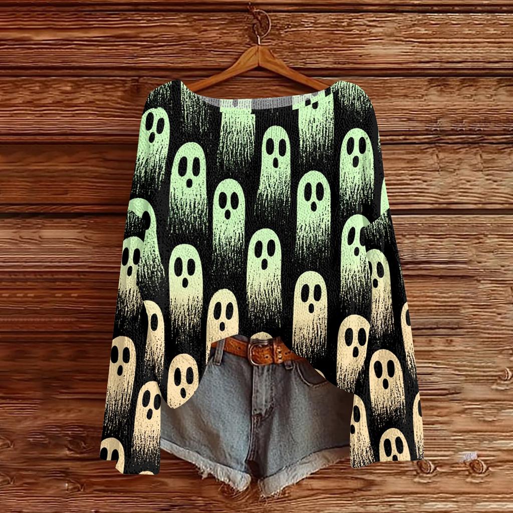 Women's Long Sleeve Halloween Print Knit Pullover Top Round Neck Casual Sweater