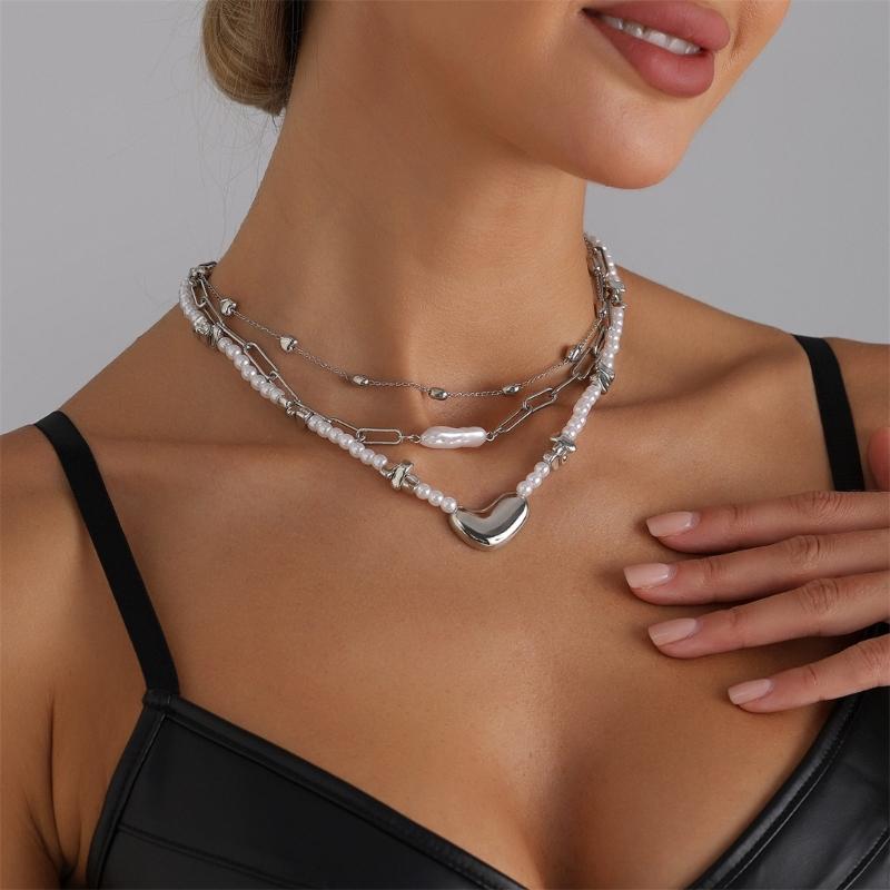 Elegant Irregular Heart Shaped Pendant Layering Pearls Necklace Alloy Jewelry For Women Fashion Accessories