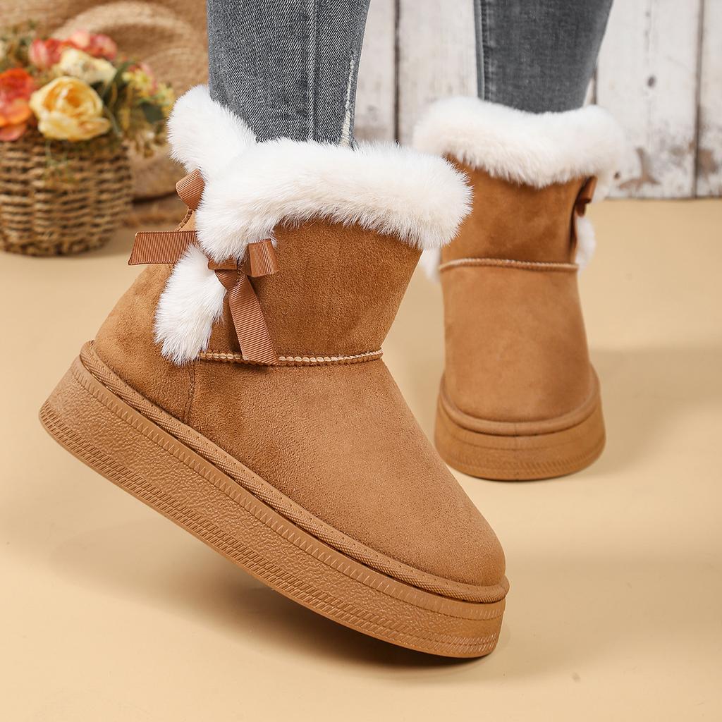 New Style Fashionable Bow Round Toe Elegant Snow Boots Winter Flat Wear-resistant Soft Students Plus Velvet Warm Women's Shoes