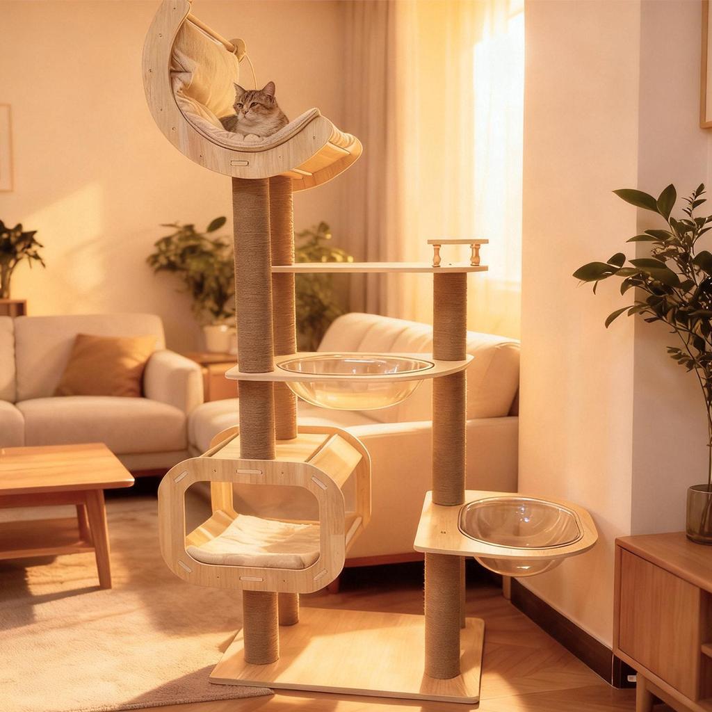 Multi-Level Cat Tree with Space Capsule Cat Bed, Solid Wood, Space-Saving Design for Home Use