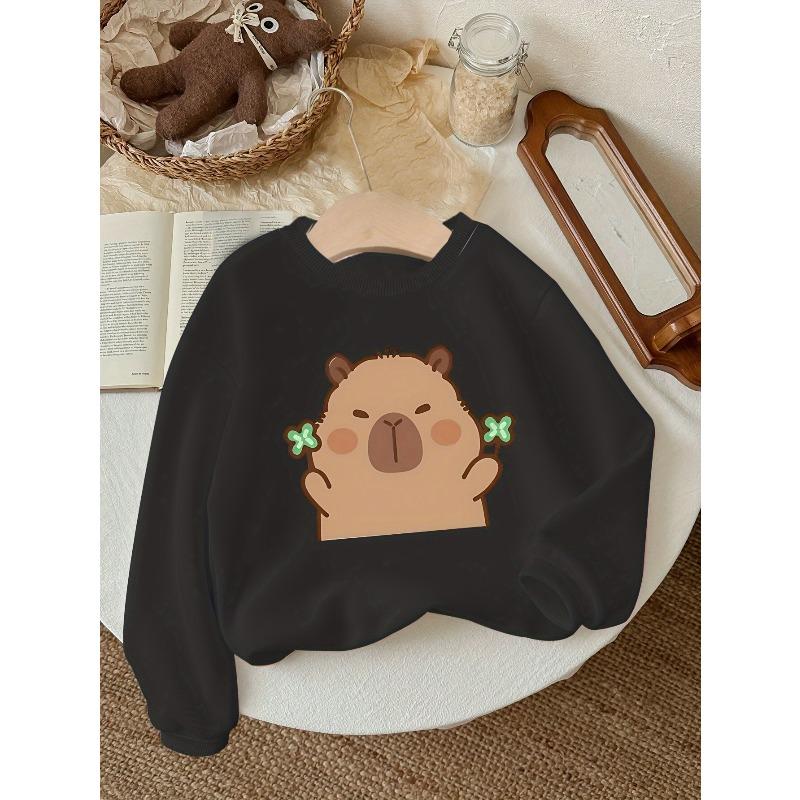 Kids Long Sleeve Crewneck Sweatshirt, Cute Capybara Print, Fashion Outfit for Autumn & Winter