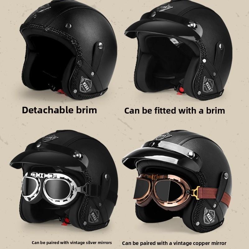 3C Vintage 3/4 Half Helmet Electric Motorcycle Summer Pedal Cruise Locomotive Leather Helmet Men and Women