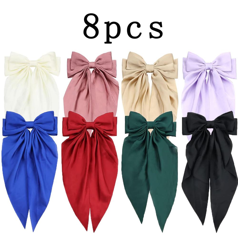 4/8pcs Ladies Satin Large Ribbon bow Oversized bow Long tail hair clip spring clip ponytail Hair accessorie