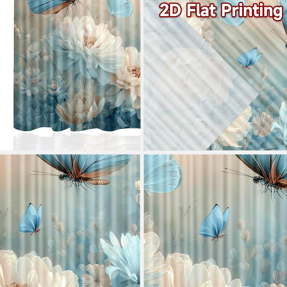 2D Flat Printing 2pcs Curtains Blue Butterfly Flowers Digital Printed Polyester Drapes Family Party Use for Living Room Decor