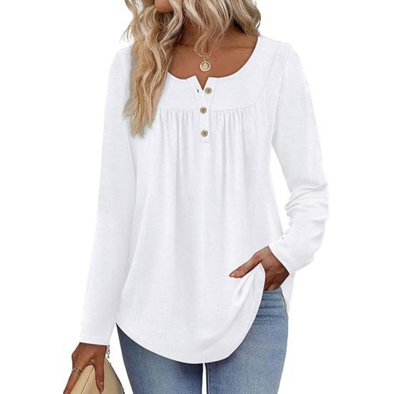 

Модная женская рубашка с длинным рукавом Модная футболка с круглым вырезом, повседневная, плиссированная, на пуговицах XL белый