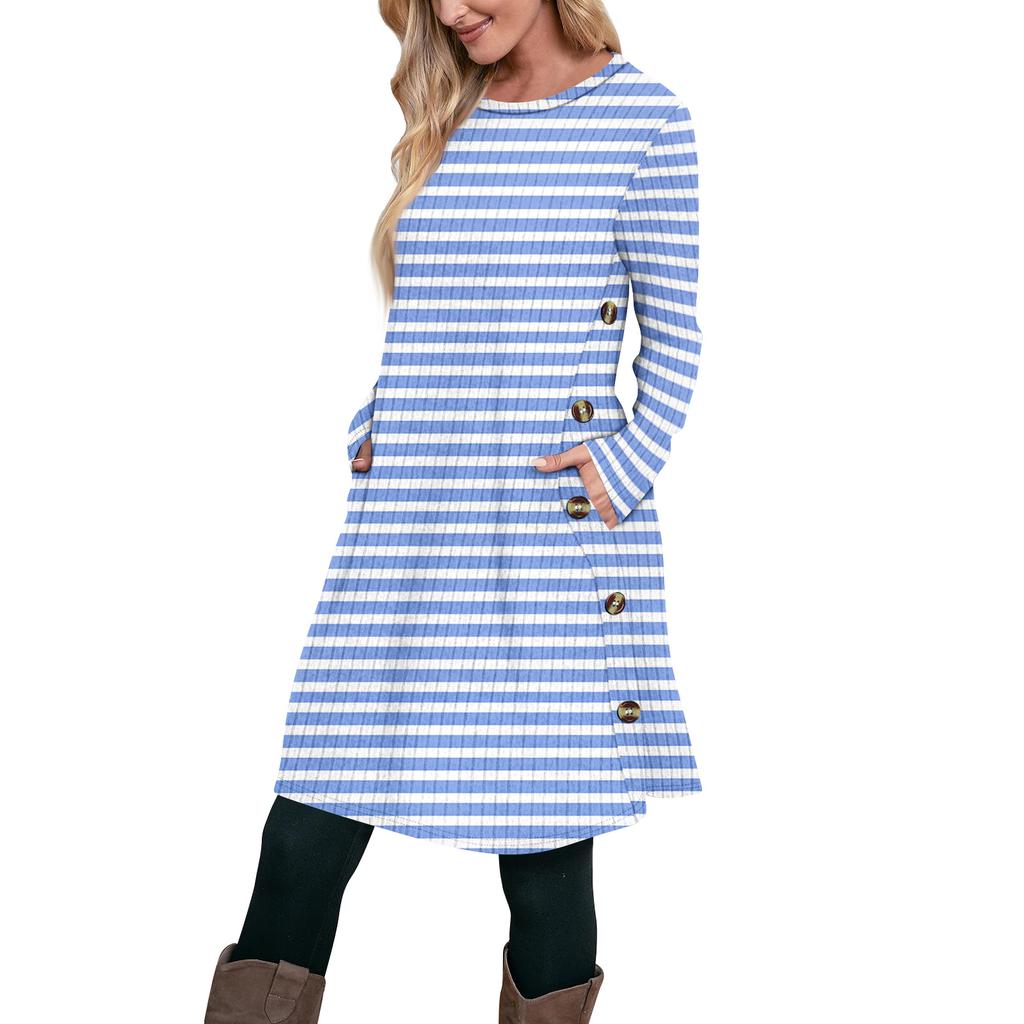 Women's Fashion Casual Long SleeveTunic Dress With Pockets Side Button Dress