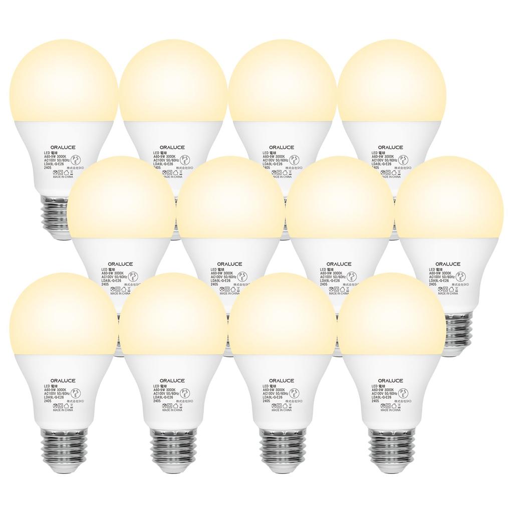 ORALUCE LED Bulbs, E26 Base, 9W, 900lm, 60W Equivalent, High Brightness, Warm White, 3000K, Wide Beam Distribution, High Color Rendering, Energy