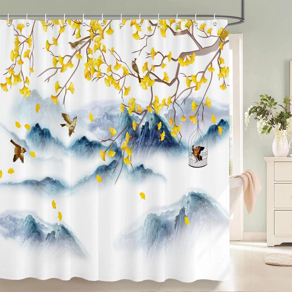 landscape Fabric Shower Curtain Bathroom Curtains Chinese style Ink Scenery Flowers Birds Waterproof Decor Bath Screen with Hook