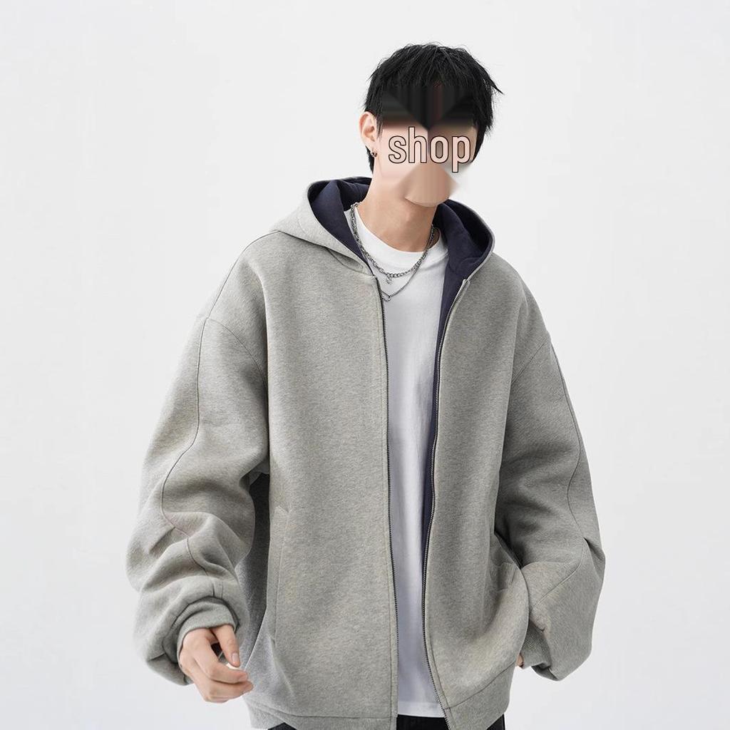 Men's Heavyweight Double Zipper Hooded Sweatshirt Jacket - Cool, Thickened Autumn Winter Color Block Casual Cardigan
