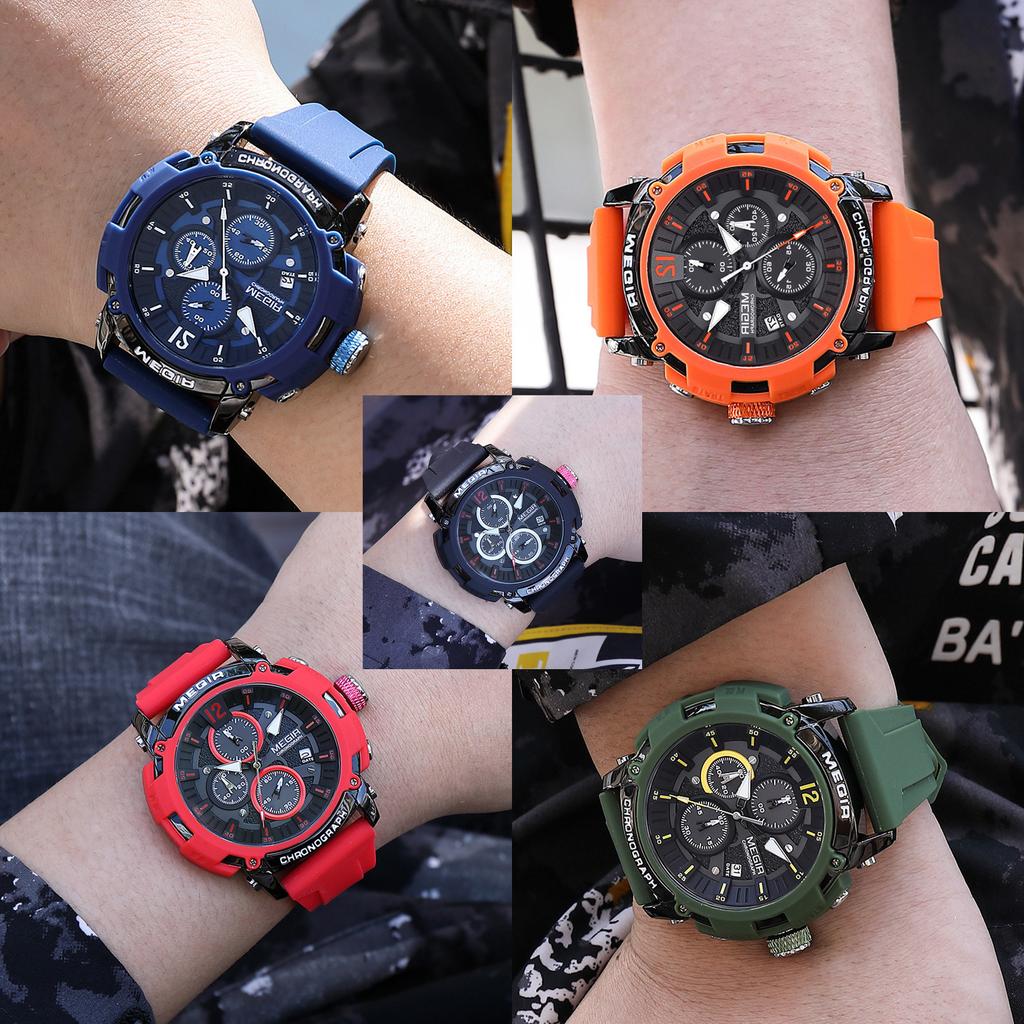 MEGIR Watches for Men Silicone Strap Quartz Chronograph Waterproof Luxury Military Sport Wristwatch Auto Date Reloj Hombre 2208
