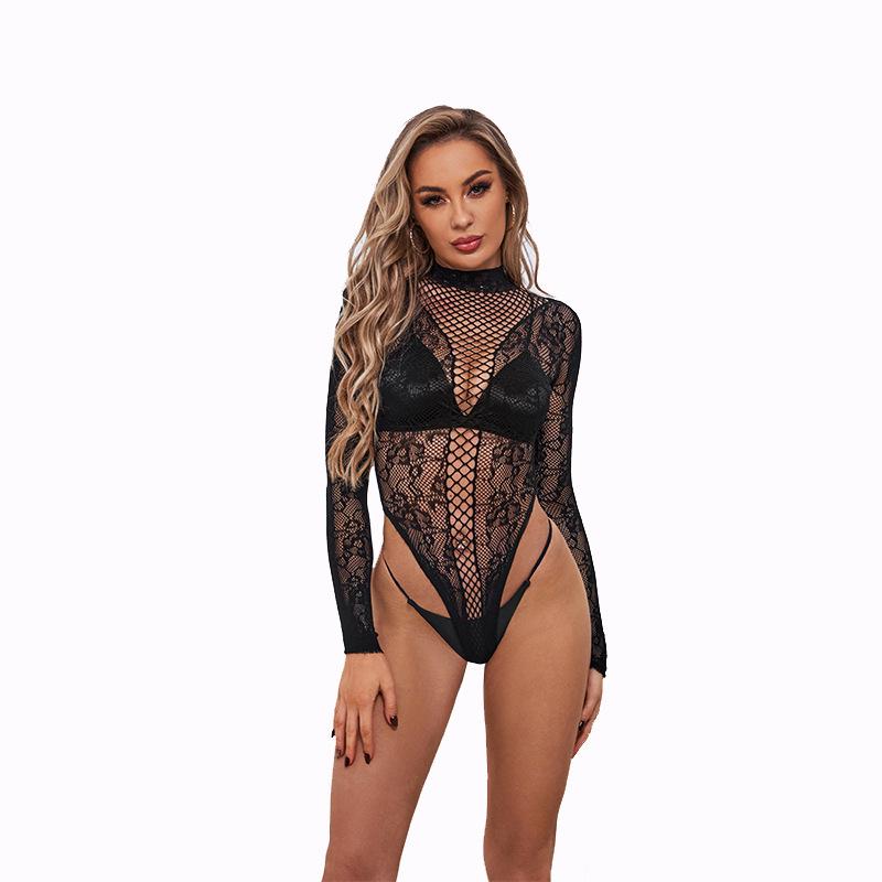 Long Sleeve Mesh Jacquard Bodysuit Lingerie