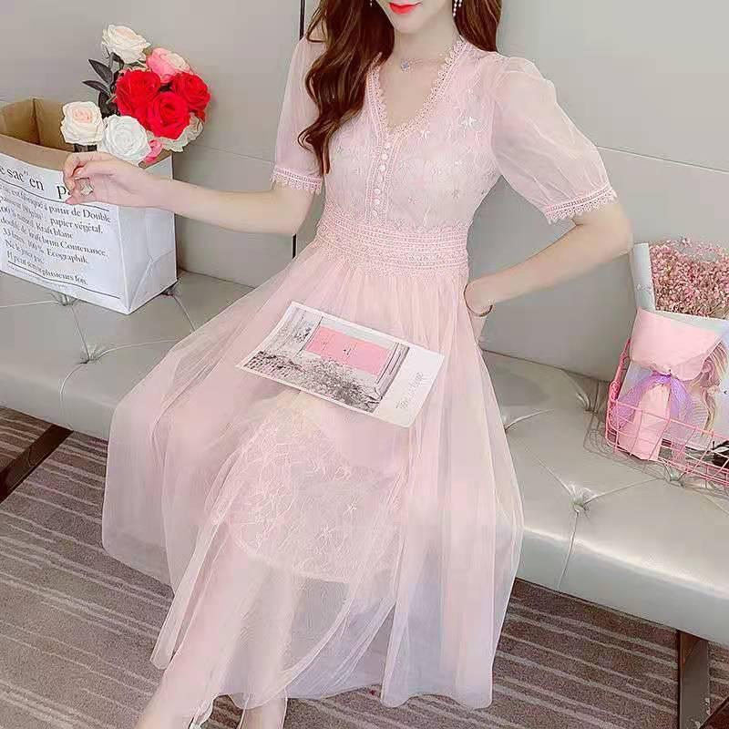 Elegant Autumn Fairy Mesh Lace Dress - Gentle Forest Style Temperament