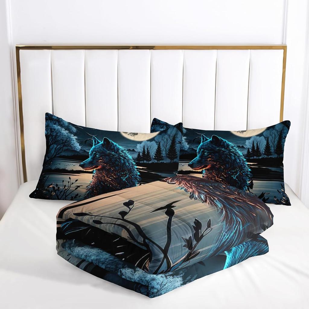 3D Cartoon Wolf Queen Size Bedding Set, with Patterns Mainly Featuring the Moon and Cartoon Wolves, Suitable for Room Decoration