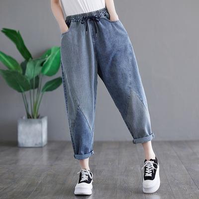 Women Casual Jeans Autumn Vintage Style Patchwork Striped Loose Ankle Length Denim Pants