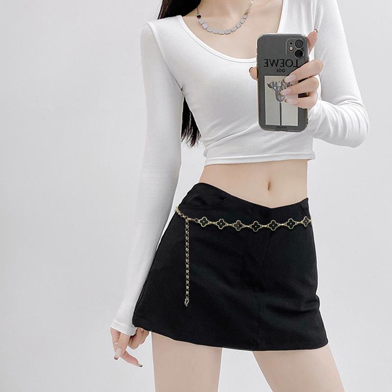 Women's Metal Waist Chain with Jeans Dress, Small Fragrance Belt, Four-leaf Clover Hollow Plum Blossom Style Versatile Chain