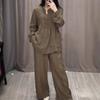 Damen 2-teiliges Set Mode Büro Dame Baumwolle Leinen Langarm Lässig Locker Weitbeinige Hose Anzug Frühling Herbst Damen Sets