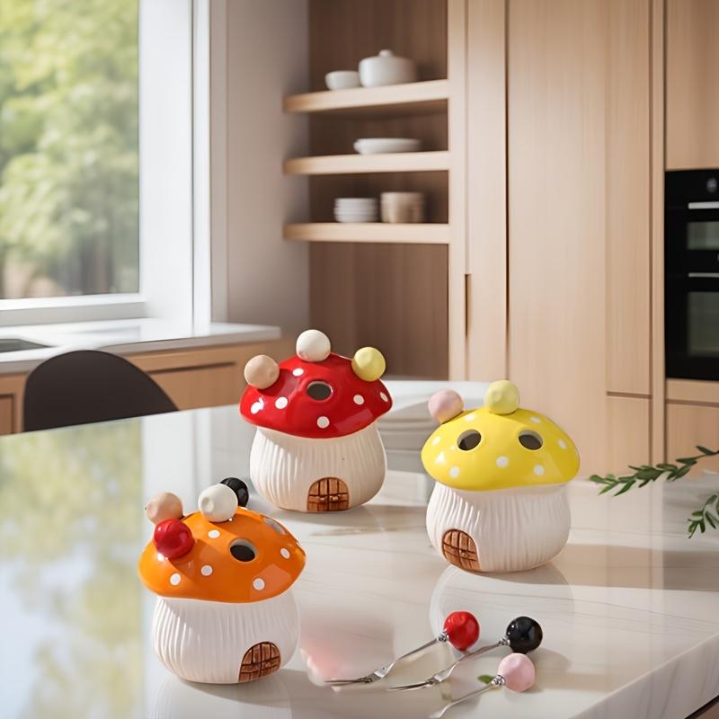 1pc Mushroom Shaped Ceramic Snack Container Set,Stainless Steel Fruit Forks,Detachable Lid, Easy Clean Smooth Edged Design for Fruits/Desserts