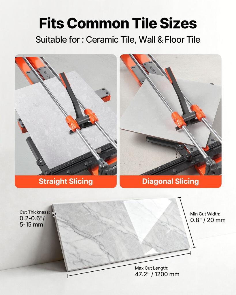 1200 mm Manual Tile Cutter, Upgraded Sliding Head Cutting Tool with Spring-Loaded Base, Angle Fence, Tungsten Carbide Cutting Wheel, Alignment Guide,