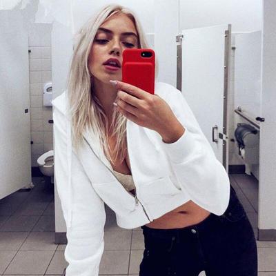 Blixtlås Höst Vinter Dam Huvtröjor Fickor Slim Crop Jacka Kvinnliga Kläder Dragsko Vit Sexig Hoody Bomullsrockar