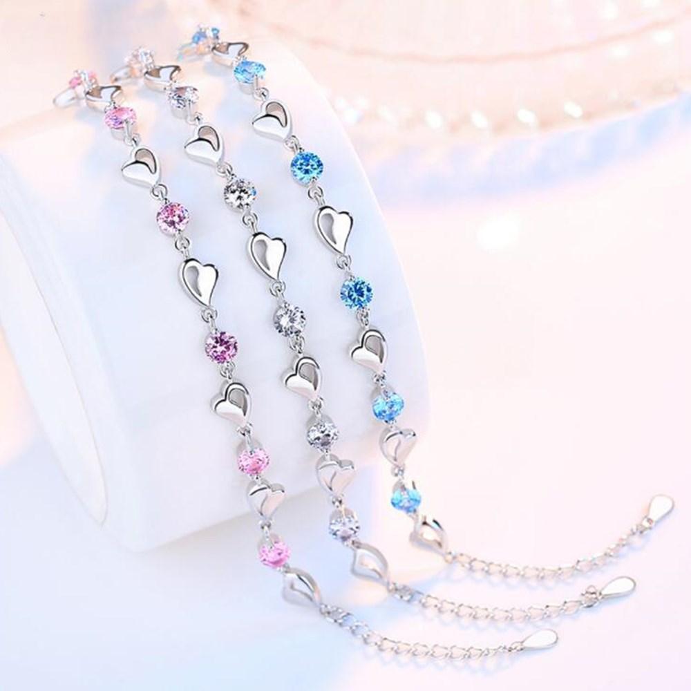 925 Sterling Silver New Jewelry Bracelet High Quality Retro Simple Colored Heart Shaped Cubic Zirconia Length 17cm +4cm