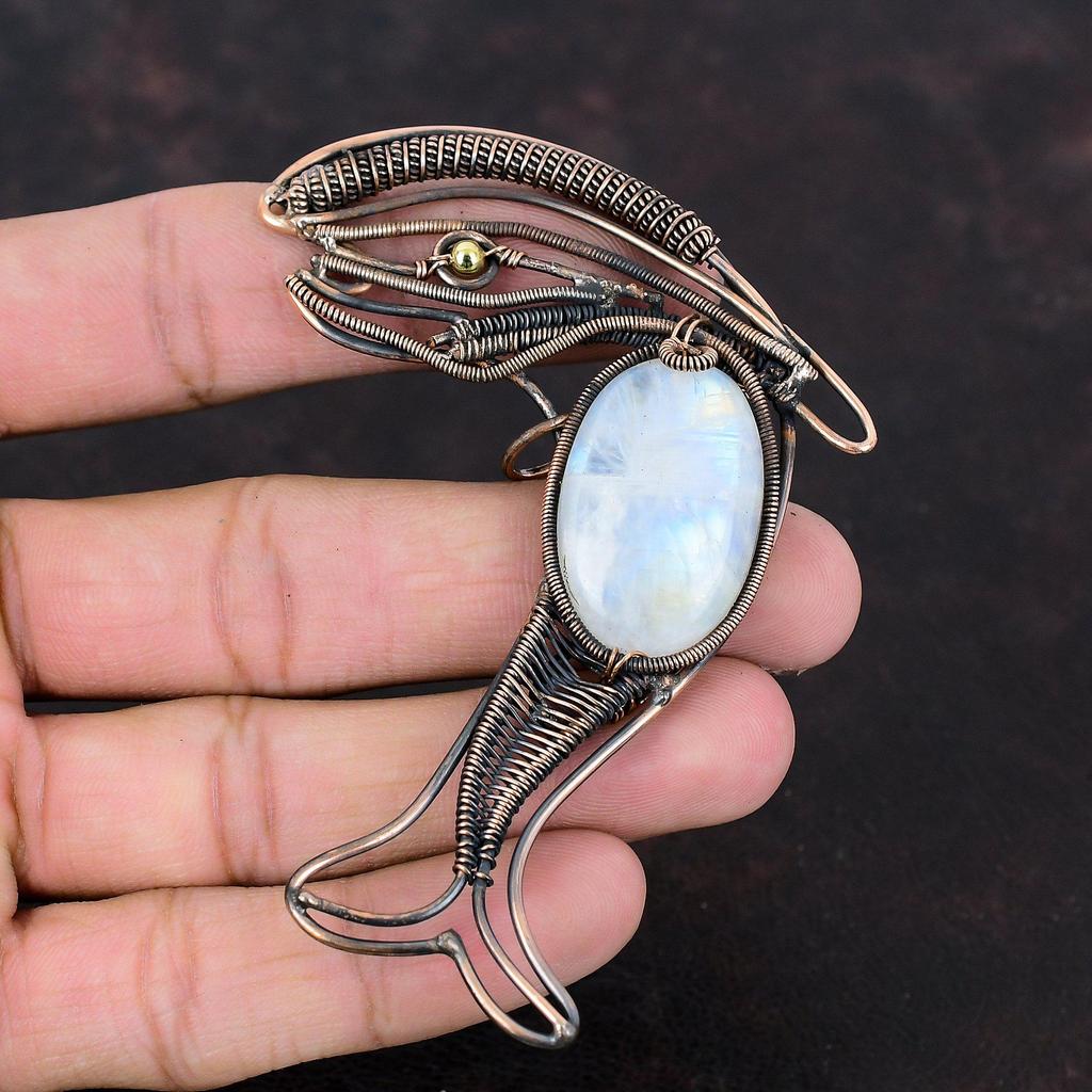 Rainbow Moonstone Pendant Copper Wire Wrapped Gemstone Pendant Fish Jewelry Handmade Pendant Unique Pendant Gift For Her Copper Wire Jewelry