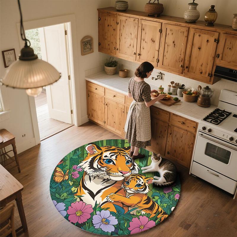 Bamboo Forest Tiger,Round Area Rug,Carpet Rug for Living Room Bedroom Sofa Playroom Decor,Non-slip Floor Mat