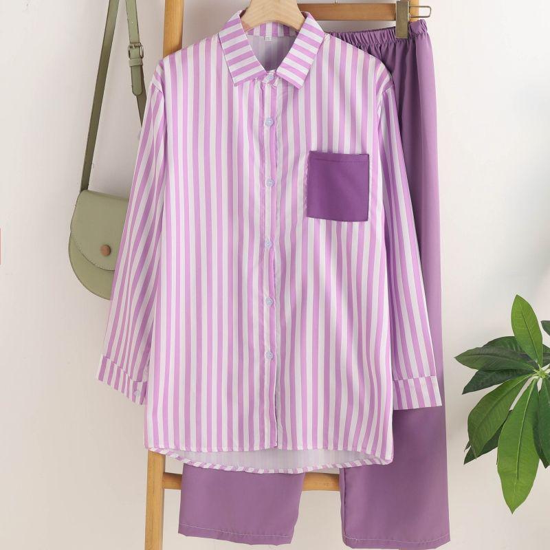 Ensemble chemise à manches longues rayée décontractée d'été pour femme - Thaïlande