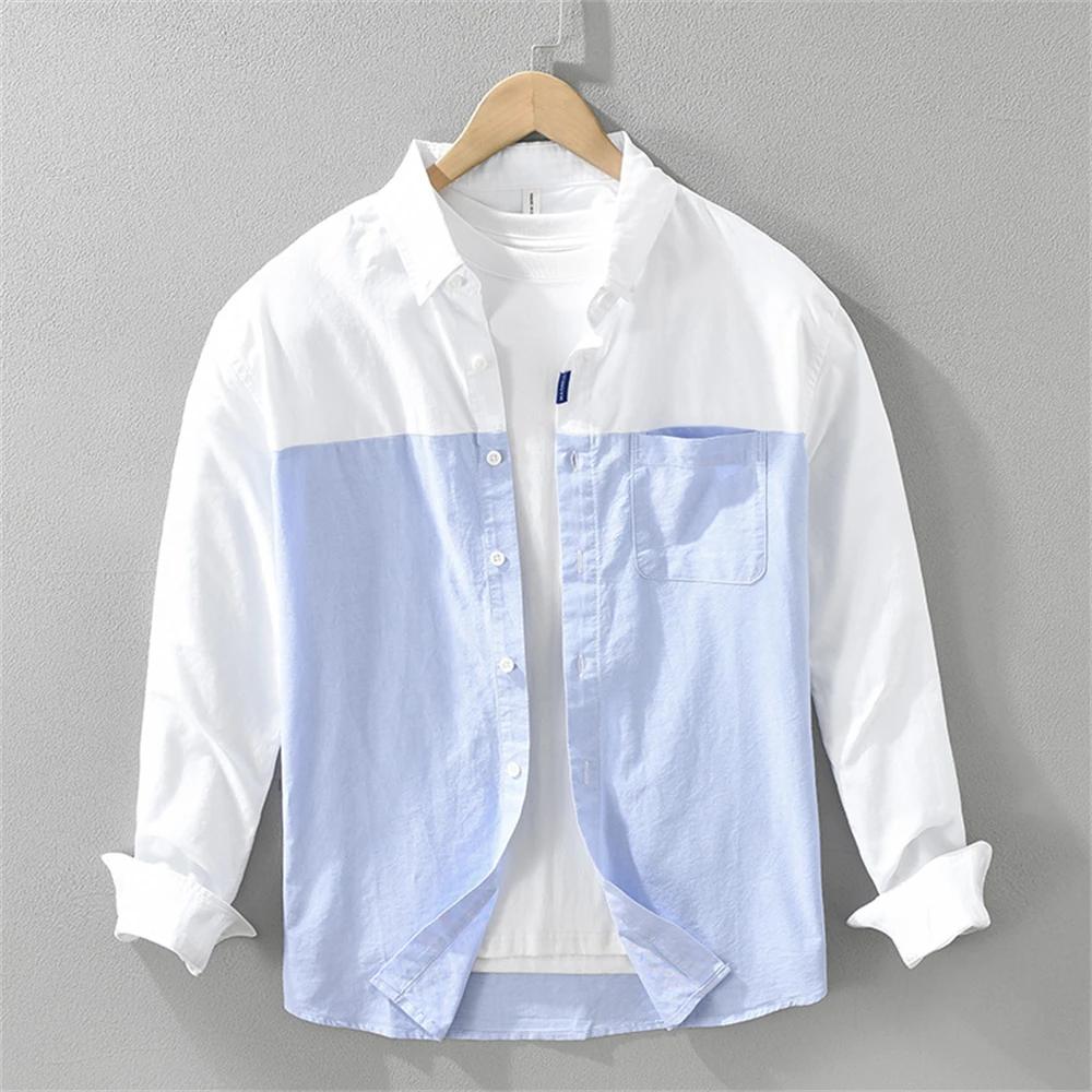 

Autumn Splicing Men s Shirt Long Sleeve Cotton Japanese Style Oxford Shirts for Men Casual Tops Spring Mens Clothing XXXL небо синє кольору