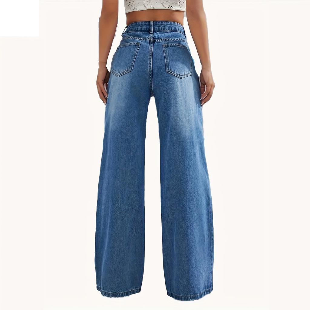 Dámské seprané dámské džíny s vysokým pasem Módní všestranné kalhoty s rovnými nohavicemi