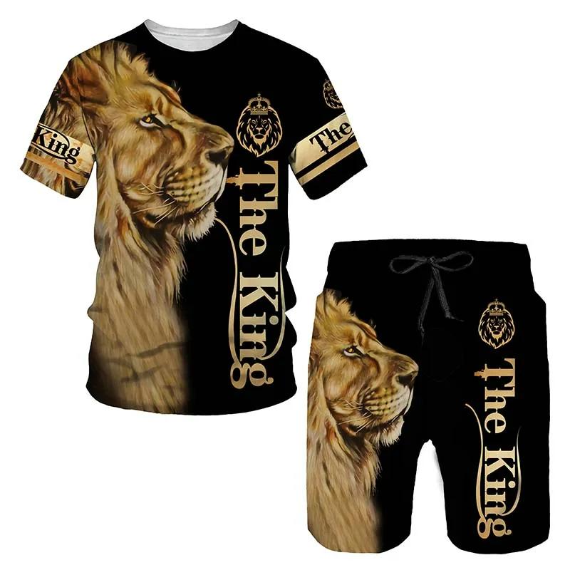 

Men s Summer Casual T-Shirt Set 3D Lion Print Sportswear Short Sleeve Pants 2-piece Casual Suit Fashion Sportswear XL