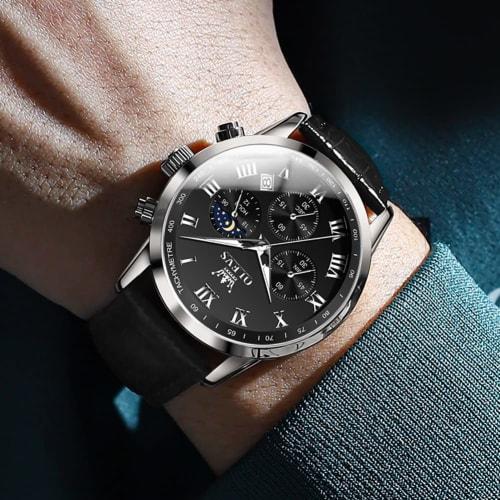 OLEVS Men's Watch, Black, Stylish, Waterproof, Luminous Watch, Cool, Black Leather Strap, Analog Quartz, Business Arm Watch for Men, Popular Fashion,
