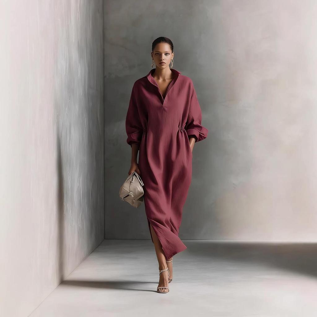 European & American Women's French Casual Elegant Long Sleeve Slit Dress