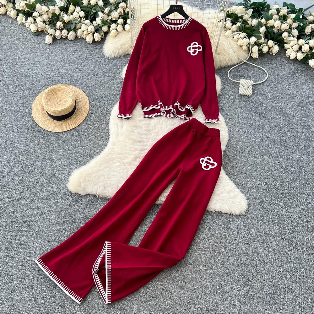 Höst Vinter Dam Casual Stickad Tröja Byxa Tvådelat Set Helärmad Pullover Toppar och Vida Ben Byxor Träningsoverall