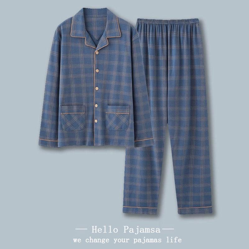 Men's Plus Size Long-Sleeve Plaid Cotton Pajamas for Spring & Autumn, Suitable for Outdoor Wear.
