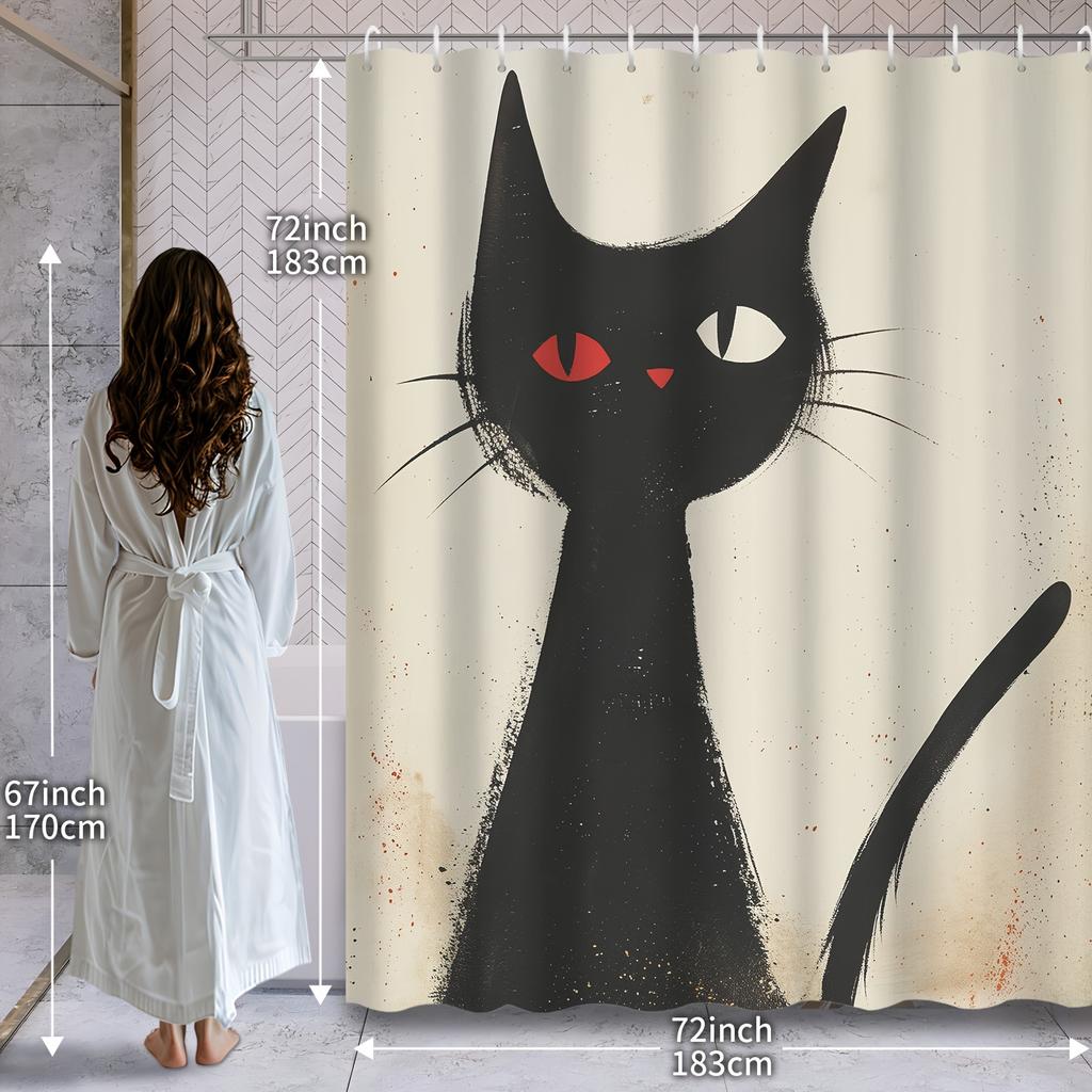 Halloween Art Line Black Cat Shower Curtain - Abstract Retro Print, Polyester Fabric, 12 Hooks Included, Creative Bath Decor