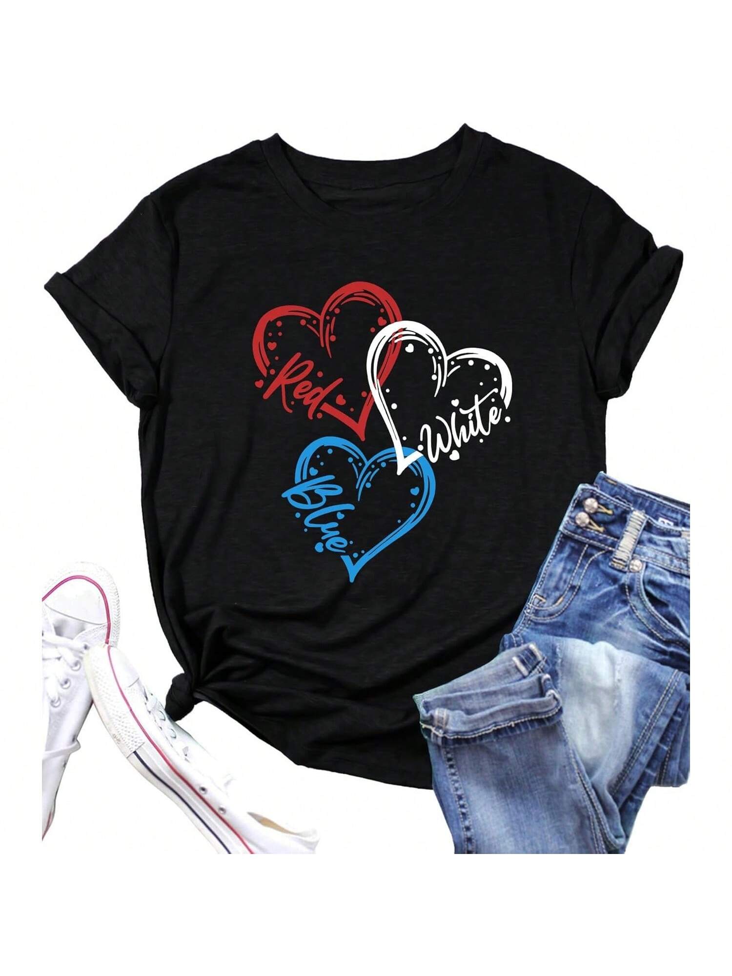 VVNTY American Flag Heart Shirt Wounisex Patriotic T-Shirt 4th Of July Graphic Tees Shirts USA Flag Star Stripe Tops S разноцветный