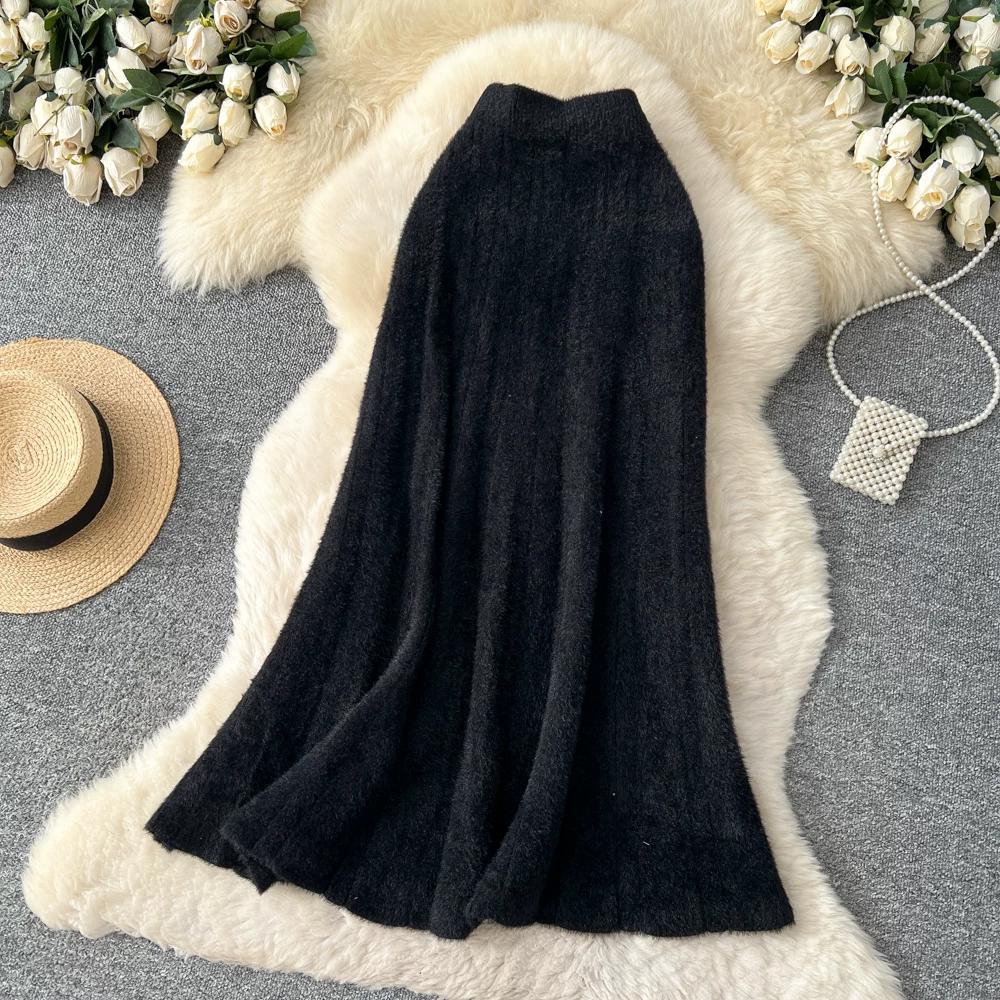 Autumn Winter Women French Elegant Knitted Long Midi Slim Bodycon Fishtail Skirt