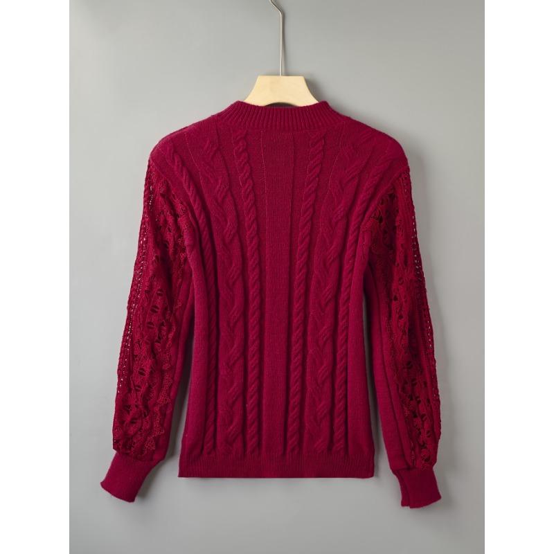Women'S Elegant Sweater with Lace Detail - Mandarin Collar, Geometric Pattern, Fall/Winter StyleSweater Top