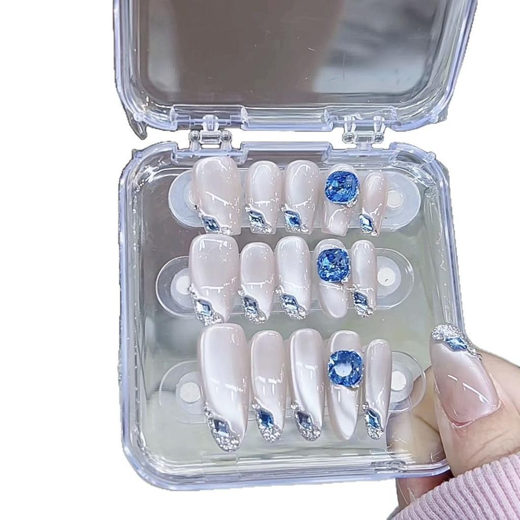 Hand-woven Armor Spring and Summer New Ice-Transparent Blue Diamond High-end Temperature Ice-Transparent Three-dimensional Cat Eye Nail Art