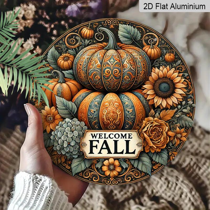 2D Flat, 1pc Vintage Autumn Harvest Metal Wall Sign - Fall Welcome Plaque with Corn, Wheat & Grain Stalks, Aluminum Outdoor/Indoor Decor Suitable for