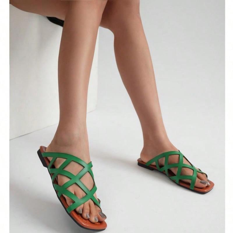 

Spring and summer new large size women s slippers simple word fashion hollow casual flat bottom cool slippers 43 зелёный