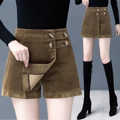 Women's Brown Corduroy High Waist Shorts Double Metal Button Decor Slim Fit Casual Mini Shorts with Pocket Design