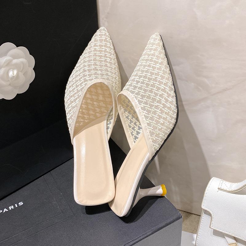 Summer Bag Head Half Drag Women Wear Thin Heels Retro Mesh High Heels Cool Slippers Pointed Shoes Women