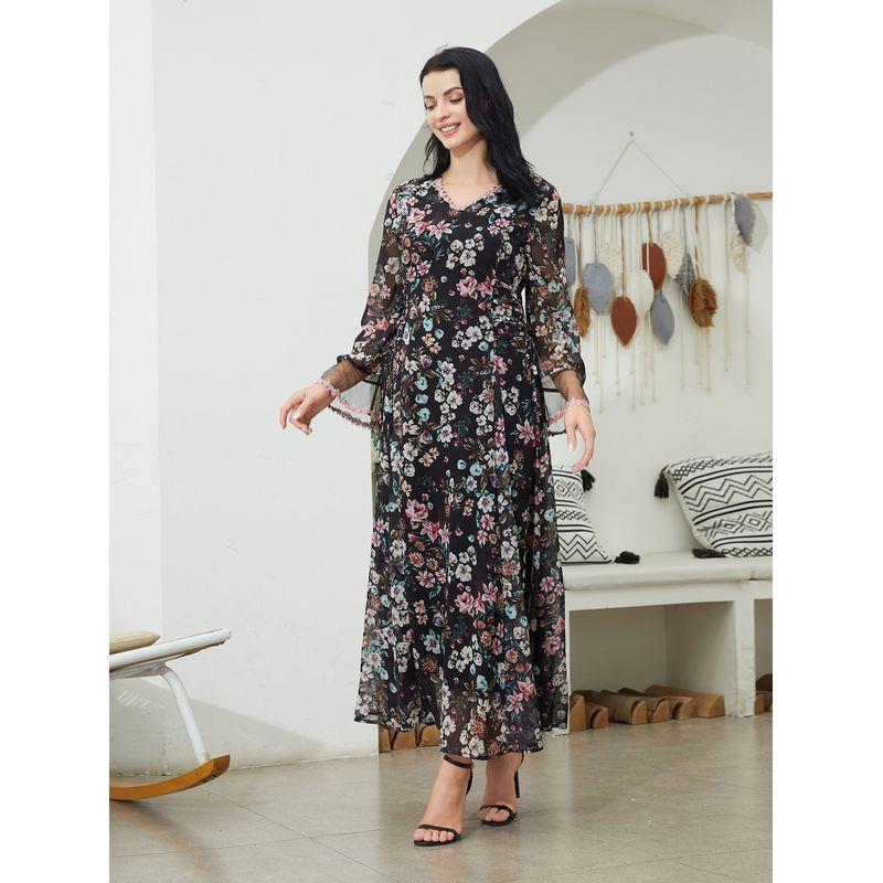 Western Style New Fashion Casual Loose Print V-neck Long sleeve dress V-Neck Printed Dress